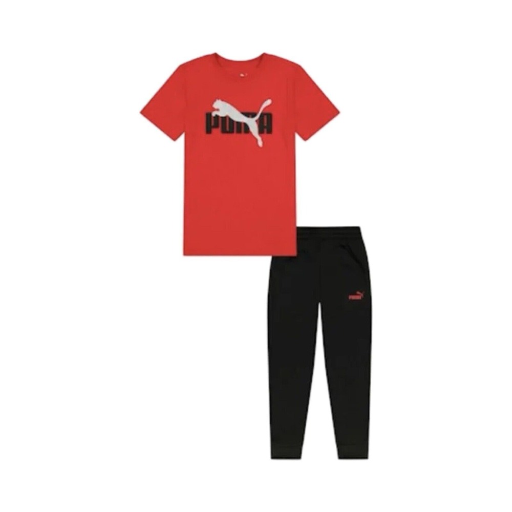Puma Boy's All Day Comfort 2 Piece Tee and Jogger Set (Red/Black, L)